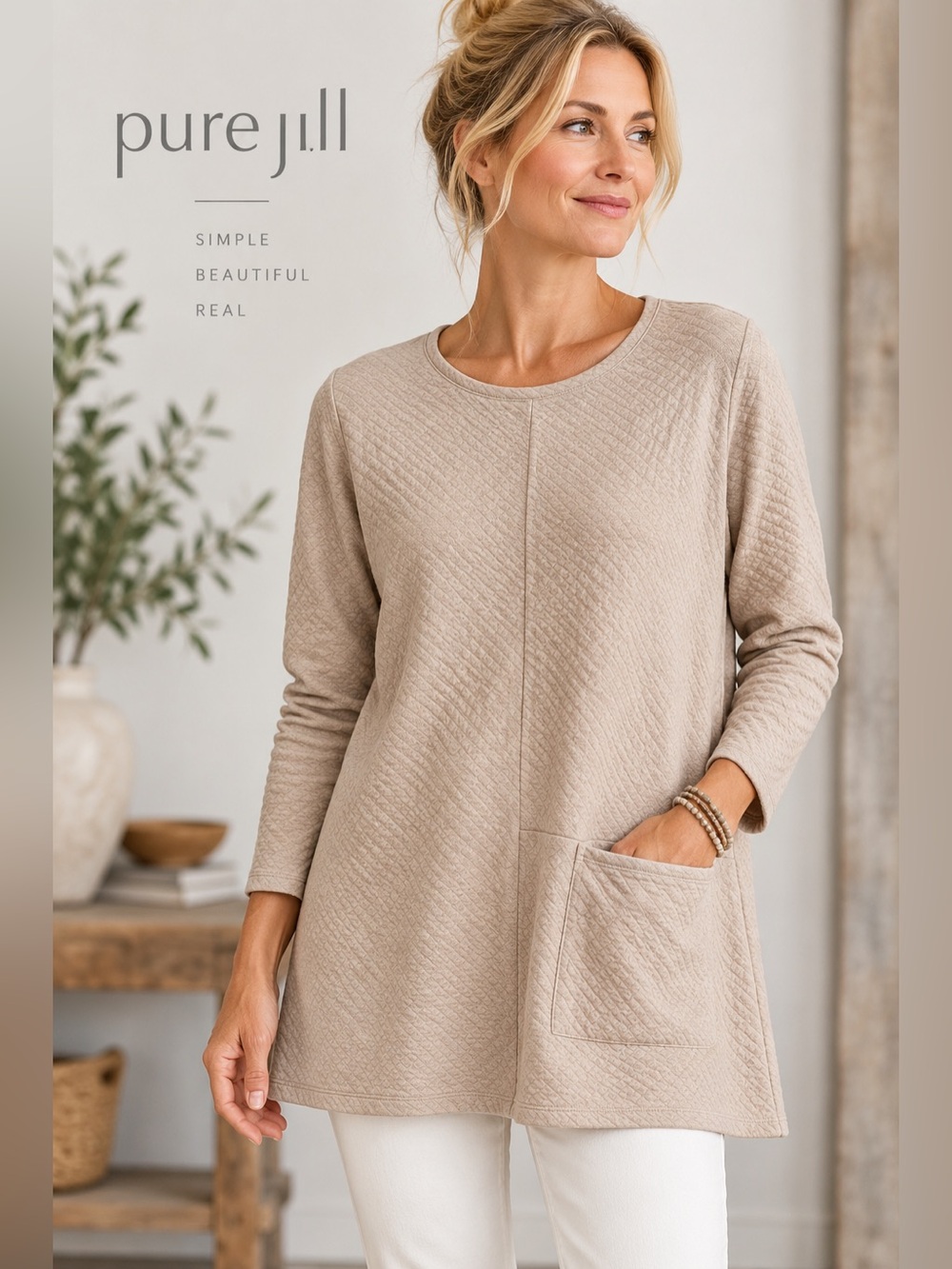 J. Jill Quilted Long-Sleeve Tunic in Taupe Minimalist casual chic transitional M